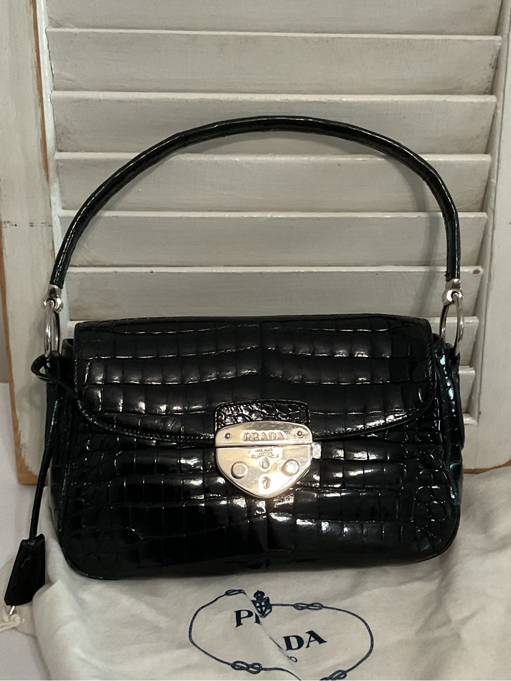 Prada Black Croc-Embossed Leather Top-Handle Bag